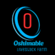 A design stating oshimable livestock farm coloured with black background, blue latter and red.